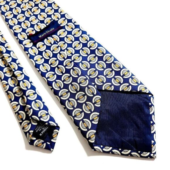 Mark Shale Blue Yellow Geometric Print Wide Silk Tie - Picture 6 of 7